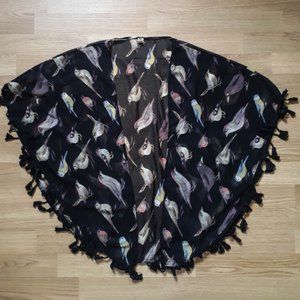 Sheer bird print tassel kimono/shrug